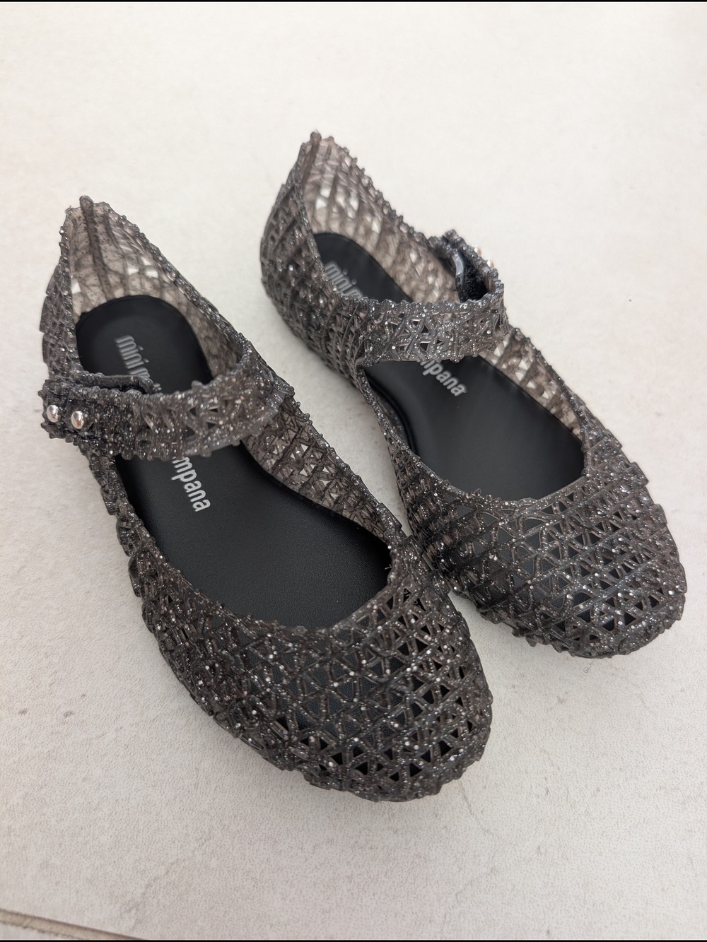 Mini Melissa Metallic Gray Jelly Mary Jane Flats with Glitter Lattice